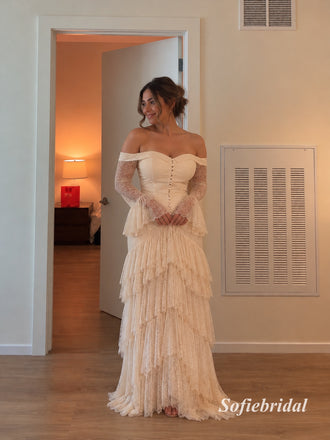 Off the Shoulder Bell Sleeve Tiered Lace Mermaid Wedding Dress, SFWD0125