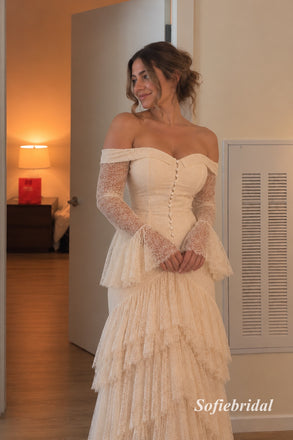 Off the Shoulder Bell Sleeve Tiered Lace Mermaid Wedding Dress, SFWD0125