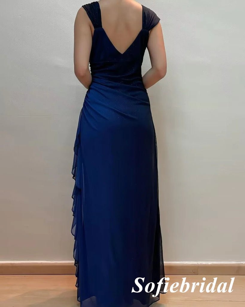 Elegant Chiffon Spaghetti Straps V-Neck Sleeveless Mermaid Prom Dress, PD01025