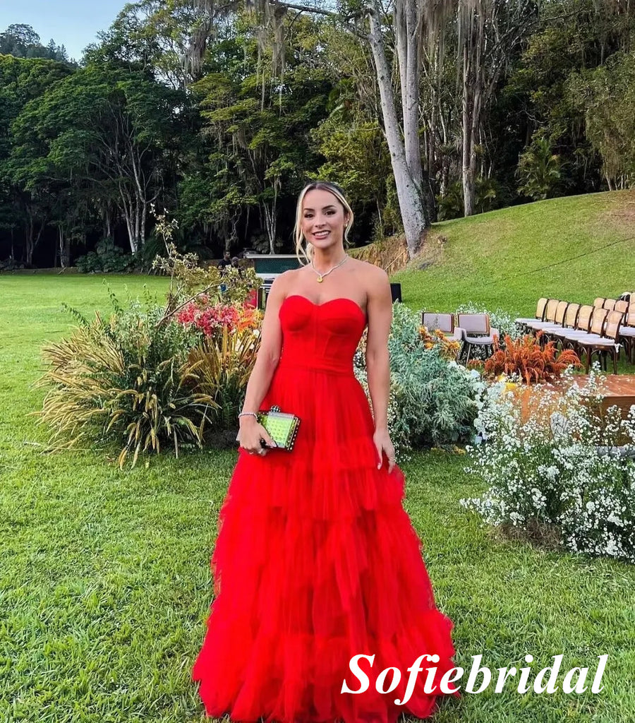 Sexy Red Tulle Sweetheart Sleeveless A-Line Prom Dress, PD01024