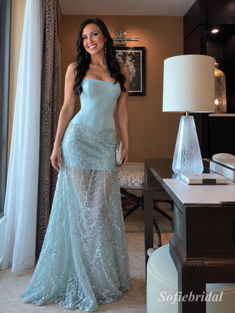 Light Blue Strapless Beaded Mermaid Dress, Sheer Tulle Floor Length Formal Gown,PD13899