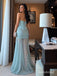 Light Blue Strapless Beaded Mermaid Dress, Sheer Tulle Floor Length Formal Gown,PD13899