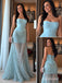 Light Blue Strapless Beaded Mermaid Dress, Sheer Tulle Floor Length Formal Gown,PD13899