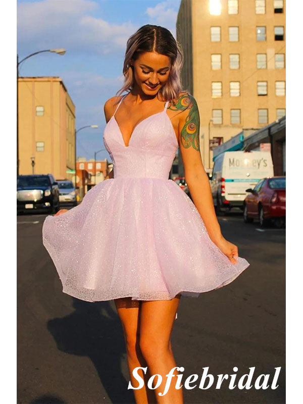 Sweety Pink Sequin Tulle Spaghetti Straps V-Neck A-Line Mini Dresses/ Homecoming Dresses,HD0228