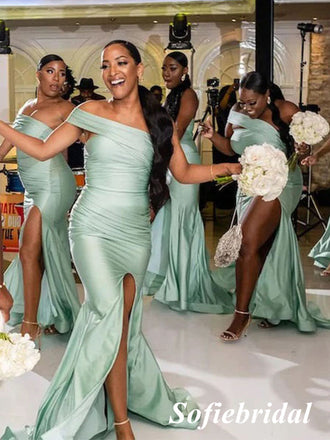 Sexy Soft Stin One Shoulder Sleeveless Side Slit Mermaid Floor Length Bridesmaid Dresses, SFWG00529