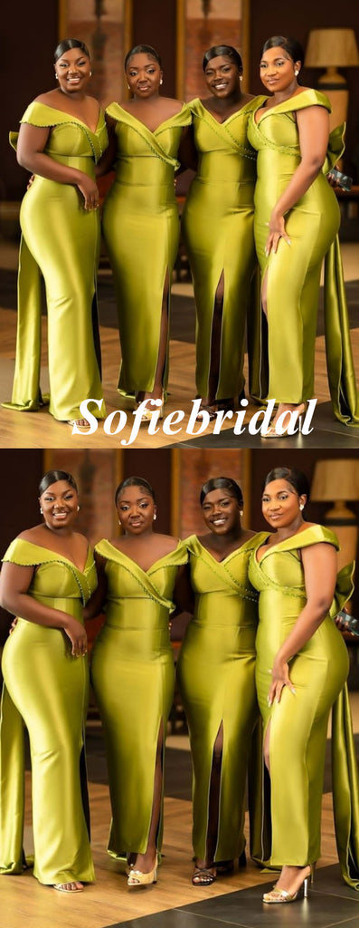 Soft Satin Spaghetti Straps V-Neck Sleeveless Floor-Length Maxi Mermaid Bridesmaid Dresses, SFWG00614