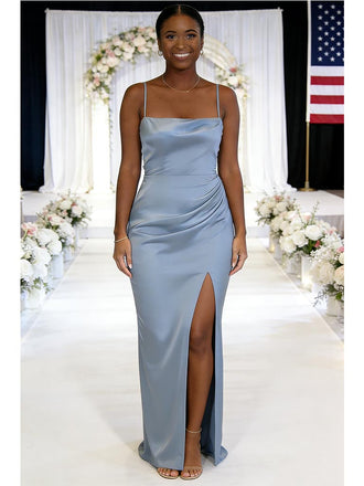 Elegant Dusty Blue Satin Bridesmaid Dresses with Spaghetti Straps and High Slit, SFWG00619