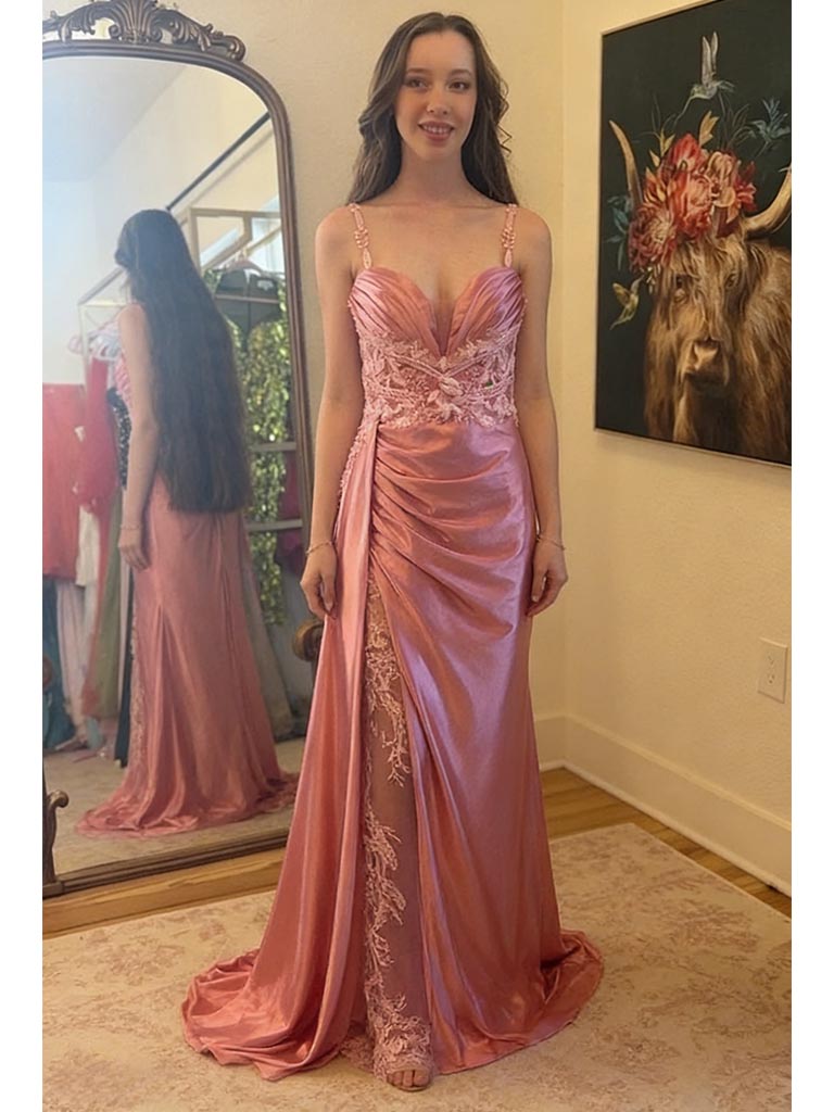 Blush Pink Satin Lace Mermaid Prom Dress | Spaghetti Strap Formal Evening Gown, PD01236