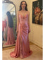Blush Pink Satin Lace Mermaid Prom Dress | Spaghetti Strap Formal Evening Gown, PD01236