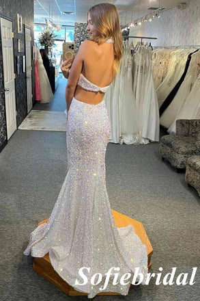 Sexy White Sequin Halter V-Neck Sleeveless Backless Mermaid Long Prom Dresses, PD0984
