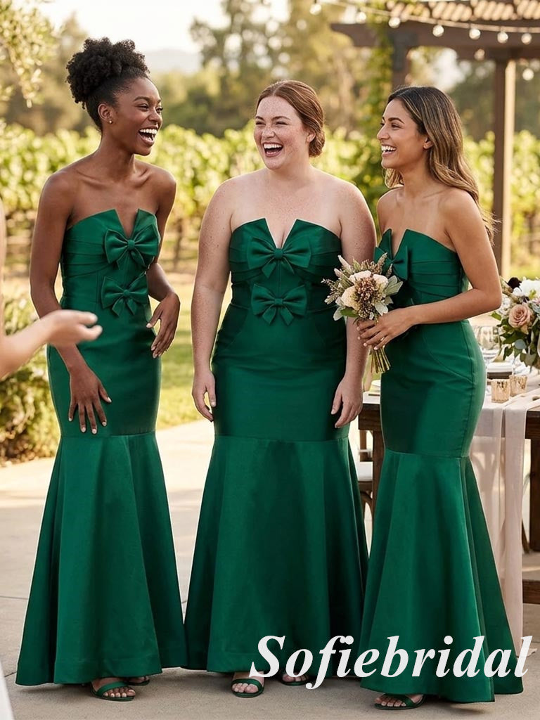 Emerald Green Satin Strapless Mermaid Bridesmaid Dress With Bow, SFWG00638