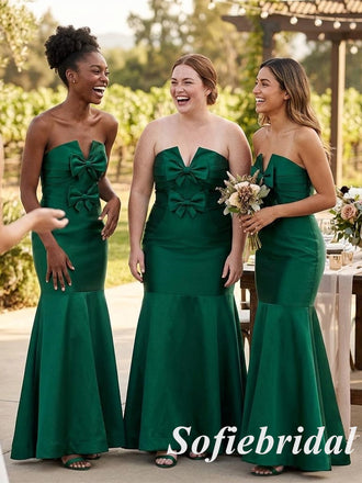 Emerald Green Satin Strapless Mermaid Bridesmaid Dress With Bow, SFWG00638