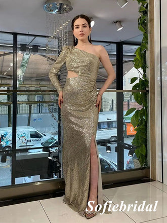 Sexy Shiny Sequin One Shoulder Long Sleeve Side Slit Mermaid Long Prom Dresses, PD0929
