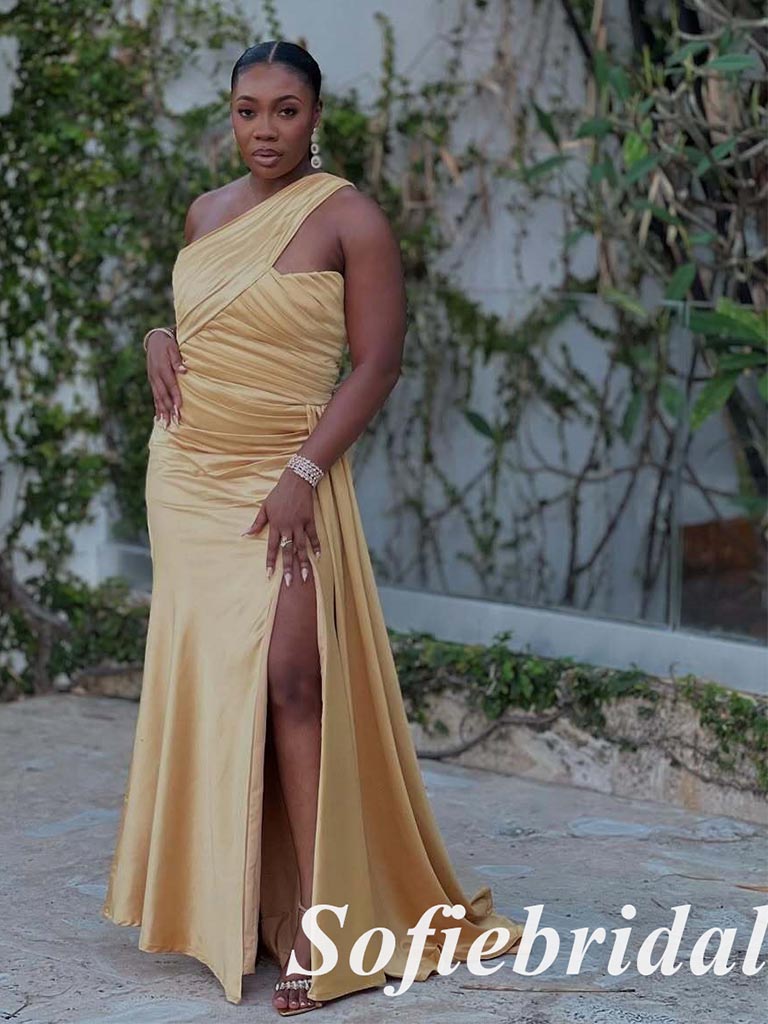 Elegant Gold Satin One Shoulder Side Slit Mermaid Bridesmaid Dress For Wedding, SFWG00628