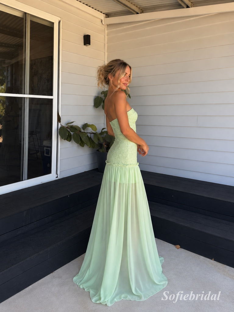 Mint Green Strapless Lace Chiffon Maxi Evening Dress, Fitted Lace Bodice Flowy Floor Length Formal Gown, PD13888