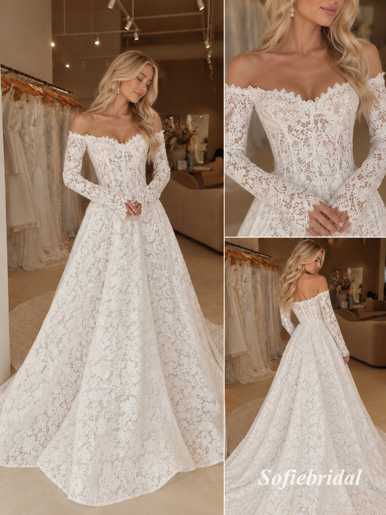 Off Shoulder Sweetheart Lace A Line Wedding Dress, Long Sleeve Corset Bridal Gown, SFWD0150