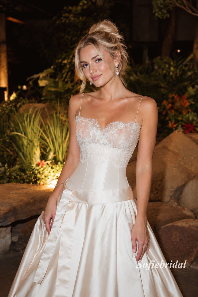 Champagne Spaghetti Strap Lace Corset Satin Gown, Bow Sash Formal Wedding Guest Dress, PD13947