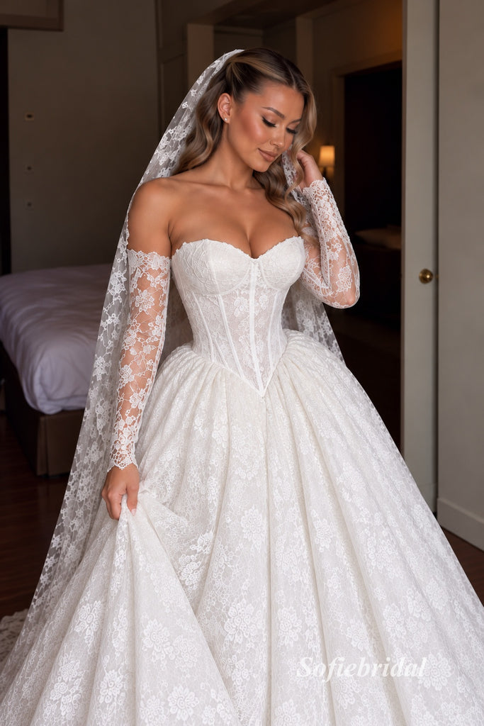 Strapless Sweetheart, Corset Bodice, Removable Long Lace Sleeves, Lace A-line Wedding Gown, SFWD0136