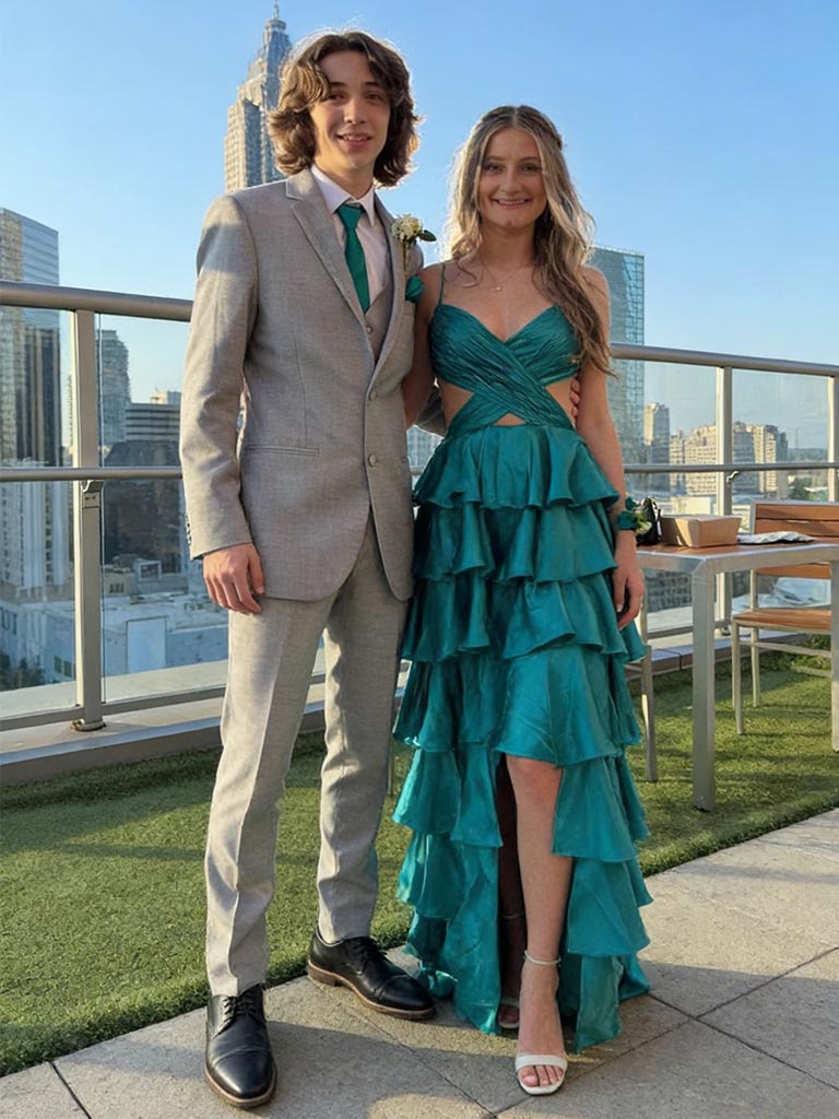Teal Ruffle Layered Spaghetti Strap Prom Dress with Cutout Back Formal Evening Gown, PD01220