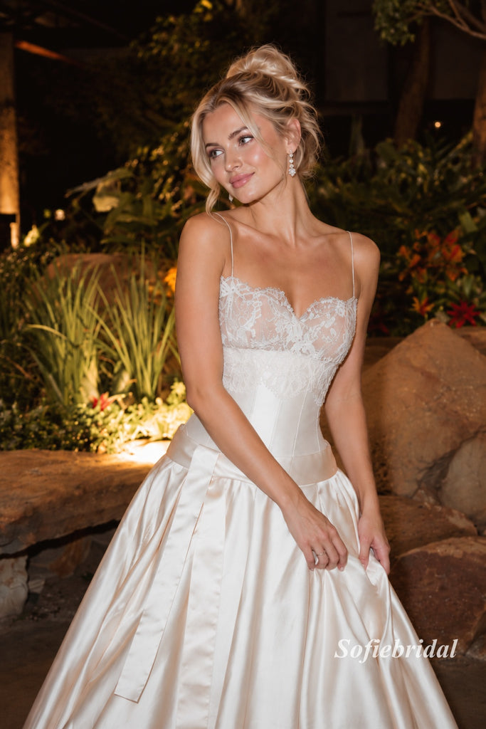 Champagne Spaghetti Strap Lace Corset Satin Gown, Bow Sash Formal Wedding Guest Dress, PD13947