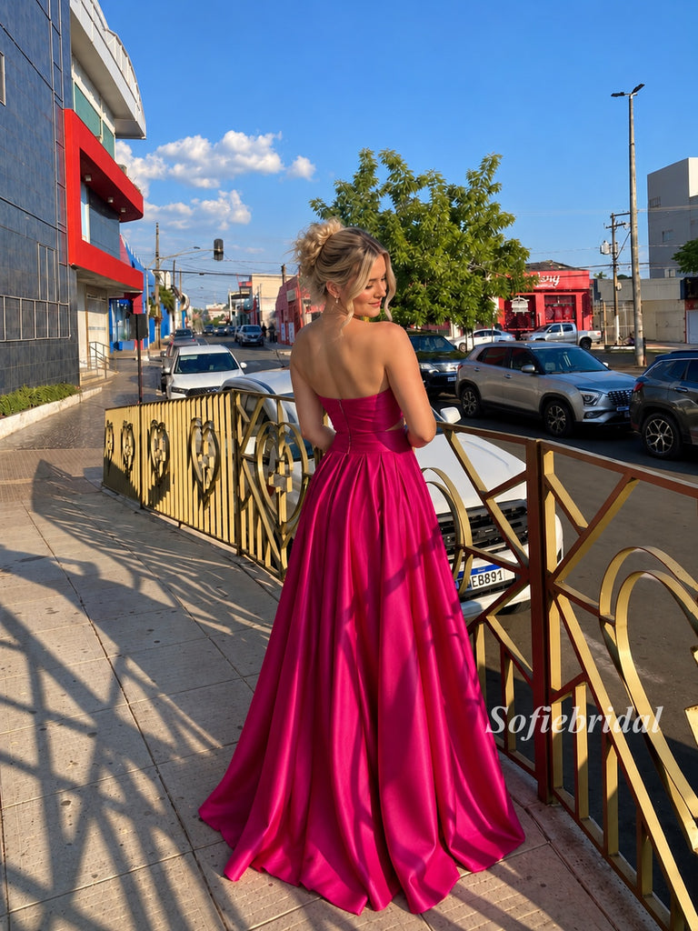 Fuchsia Strapless Sweetheart Satin Ball Gown, Simple Bow Bust Prom Dress, PD13937