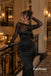 Long Sheer Mesh Sleeve Black Corset Satin Mermaid Evening Dress, PD13967