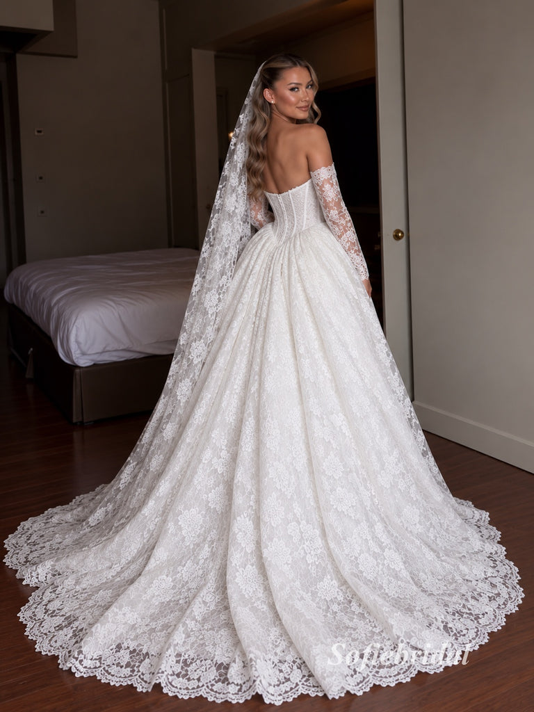 Strapless Sweetheart, Corset Bodice, Removable Long Lace Sleeves, Lace A-line Wedding Gown, SFWD0136