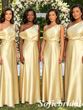 Shimmering Gold Satin Evening Gown - One Shoulder Prom & Wedding Party, SFWG00627