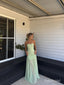 Mint Green Strapless Lace Chiffon Maxi Evening Dress, Fitted Lace Bodice Flowy Floor Length Formal Gown, PD13888