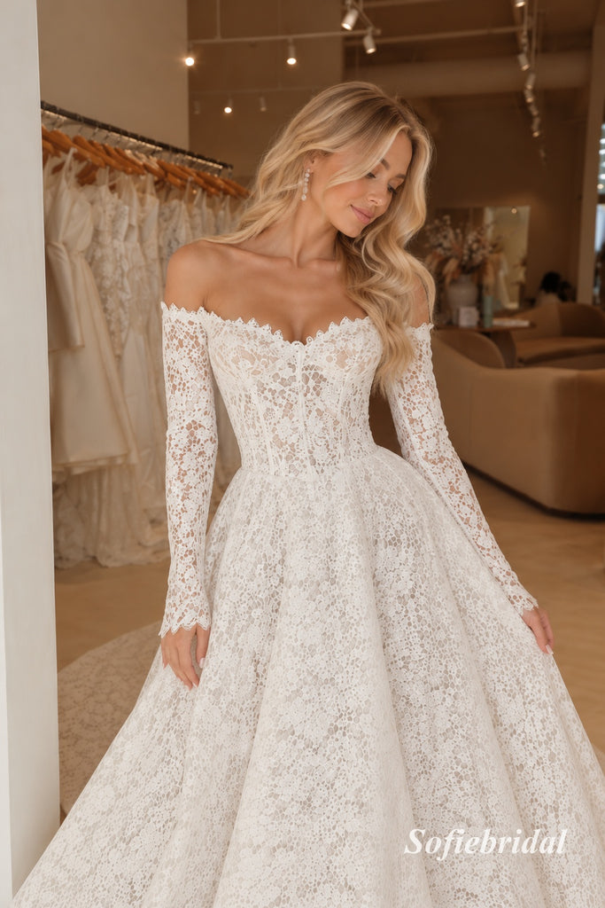 Off Shoulder Sweetheart Lace A Line Wedding Dress, Long Sleeve Corset Bridal Gown, SFWD0150