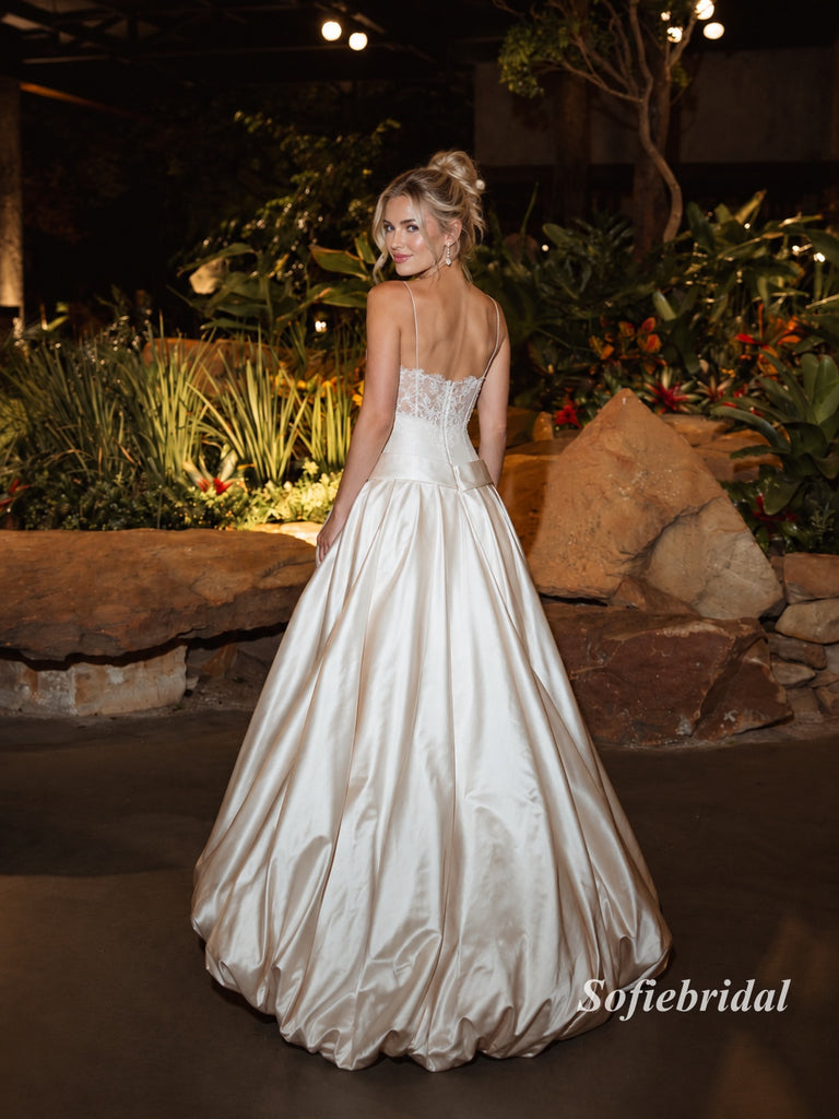 Champagne Spaghetti Strap Lace Corset Satin Gown, Bow Sash Formal Wedding Guest Dress, PD13947