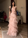 Blush Pink V Neck Ruffle Tiered Tulle Formal Gown Evening Party Dress, PD01277