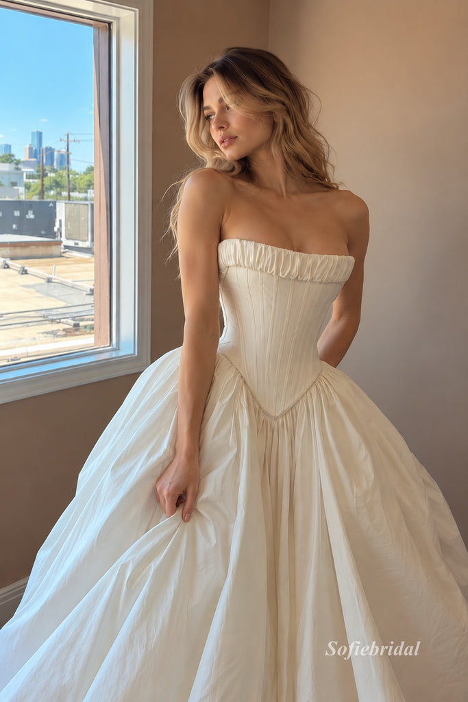Strapless Corset Taffeta Ball Gown, Ruffled Neckline Wedding Dress,SFWD0125