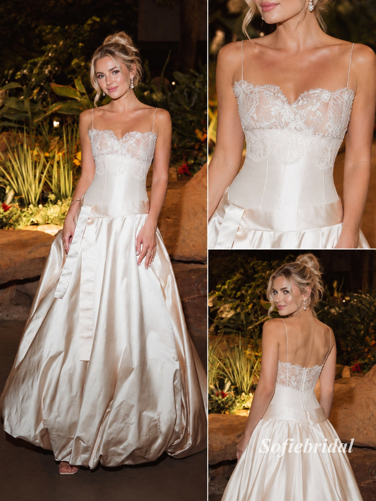 Champagne Spaghetti Strap Lace Corset Satin Gown, Bow Sash Formal Wedding Guest Dress, PD13947