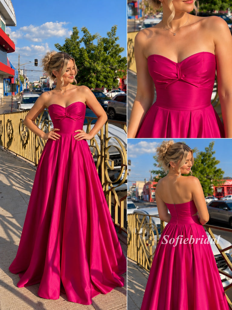 Fuchsia Strapless Sweetheart Satin Ball Gown, Simple Bow Bust Prom Dress, PD13937