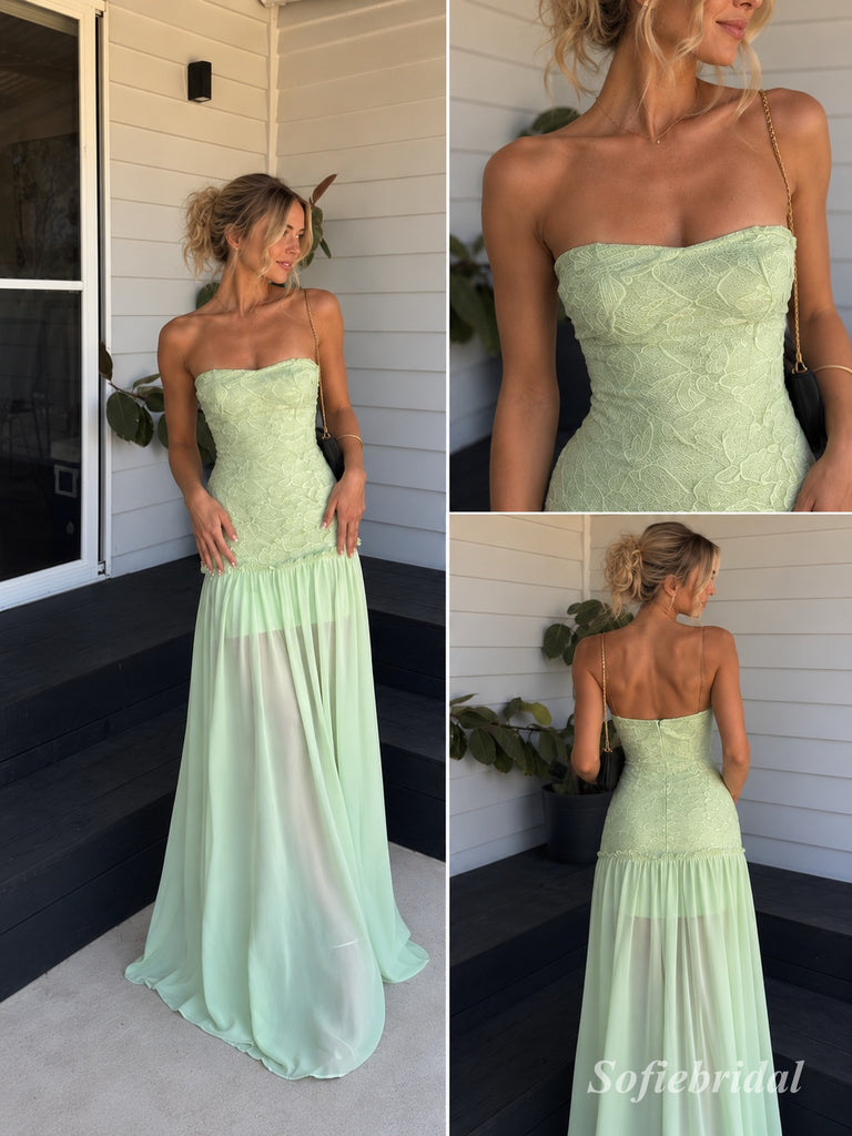 Mint Green Strapless Lace Chiffon Maxi Evening Dress, Fitted Lace Bodice Flowy Floor Length Formal Gown, PD13888