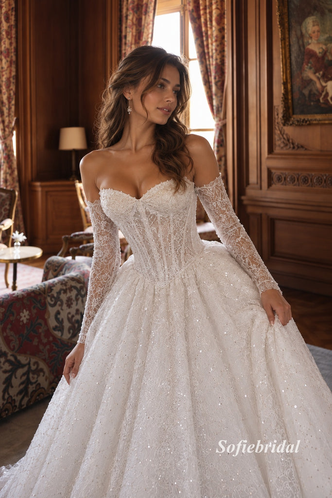 Off Shoulder Sweetheart Sparkle Lace Corset Ball Gown Wedding Dress, Detachable Long Lace Sleeve Bridal Gown, SFWD0144
