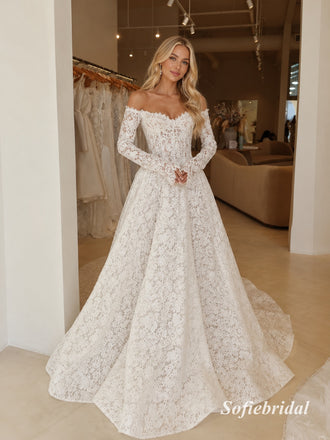 Off Shoulder Sweetheart Lace A Line Wedding Dress, Long Sleeve Corset Bridal Gown, SFWD0150