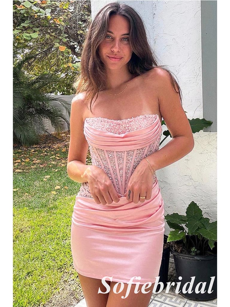 Pink Glitter Strapless Corset Homecoming Dress, Ruched Satin Mini Cocktail Dress for Party, HD0322