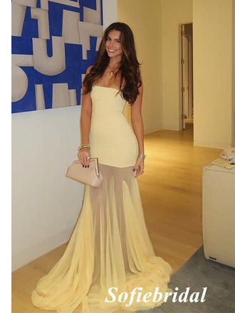 Strapless Pale Yellow Crepe Tulle Mermaid Prom Dress with Sheer Skirt, PD01238