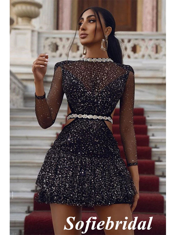 Sexy Black TulleRound Neck Long Sleeves A-Line Short Prom Dresses/Home SofieBridal Sexy Black TulleRound Neck Long Sleeves A-Line Short Prom Dresses/Home SofieBridal