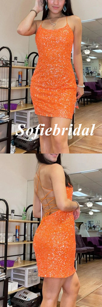 Sexy Orange Sequin Sleeveless Criss-Cross Sheath Mini Dresses/ Homecoming Dresses, HD0302