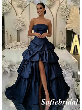 Glam Navy Blue Strapless Satin Tiered Ruffle Prom Dress with High Slit, Formal Evening Gown, PD01271