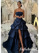 Glam Navy Blue Strapless Satin Tiered Ruffle Prom Dress with High Slit, Formal Evening Gown, PD01271