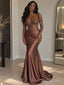 Chocolate Beaded One Shoulder Rhinestone Appliqué Fishtail Gown,PD1369
