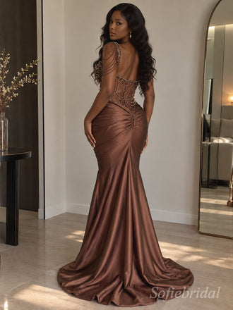 Chocolate Beaded One Shoulder Rhinestone Appliqué Fishtail Gown,PD1369