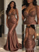 Chocolate Beaded One Shoulder Rhinestone Appliqué Fishtail Gown,PD1369