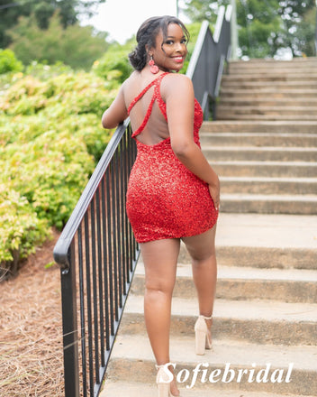 Sexy Red Sequin One Shoulder Sleeveless Sheath Mini Dresses/ Homecoming Dresses, HD0279