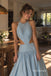 Light Blue Halter Cutout Pleated A-Line Dress, Sleeveless Floor Length Formal Gown,PD13901