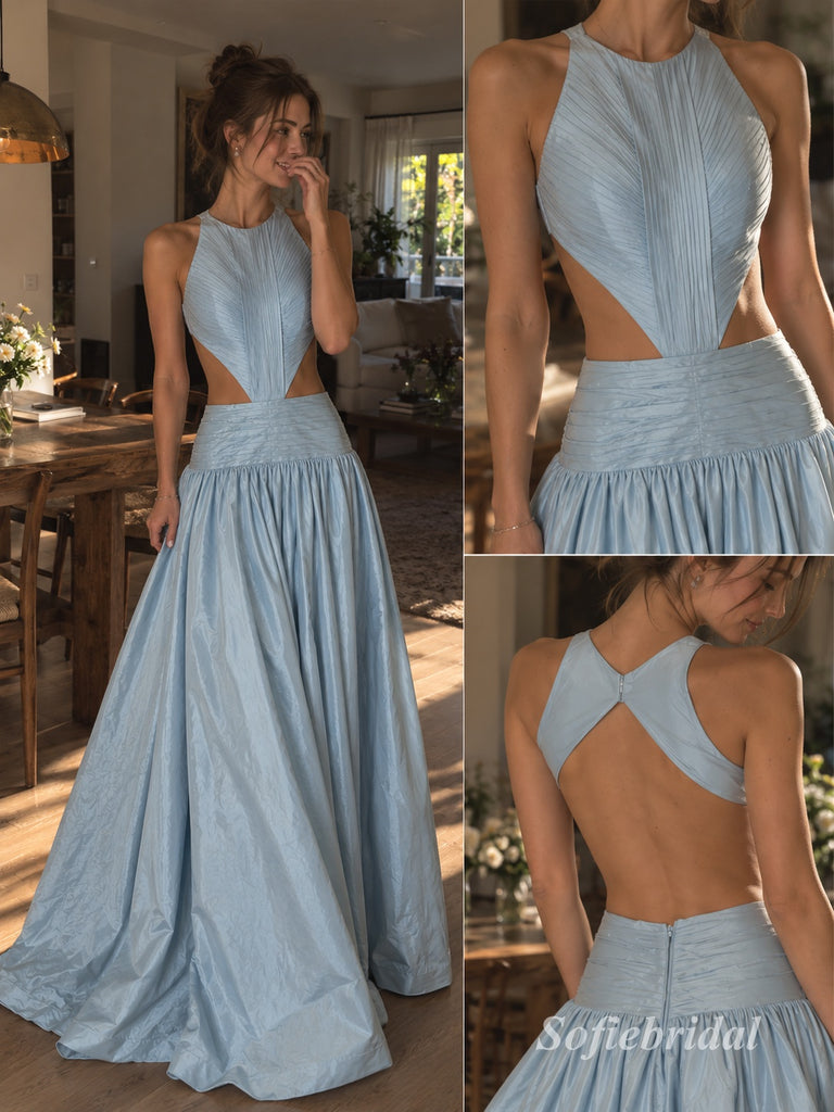 Light Blue Halter Cutout Pleated A-Line Dress, Sleeveless Floor Length Formal Gown,PD13901